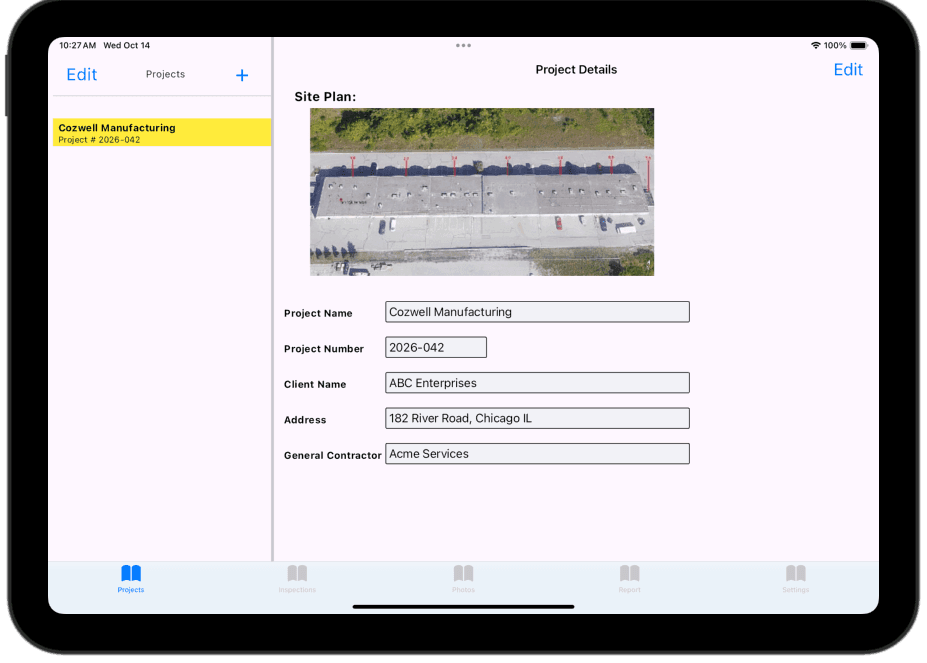 Double-click to view full size iPad screenshot of the EBS Inspector app's project setup screen, showing a new project being created with a roof plan uploaded