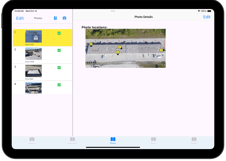 Double-click to view full size iPad screenshot of the EBS Inspector app's roof plan markup screen, showing a tapped location marking where a photo was taken
