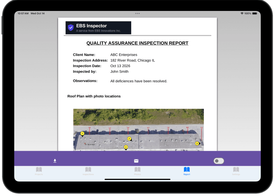 Double-click to view full size iPad screenshot of the EBS Inspector app's finished inspection report, ready to review and email from the site